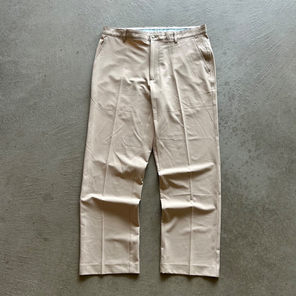 FJ FootJoy Golf Pants Mens 38x32 Tan Khaki Performance Stretch Flat Front Poly
